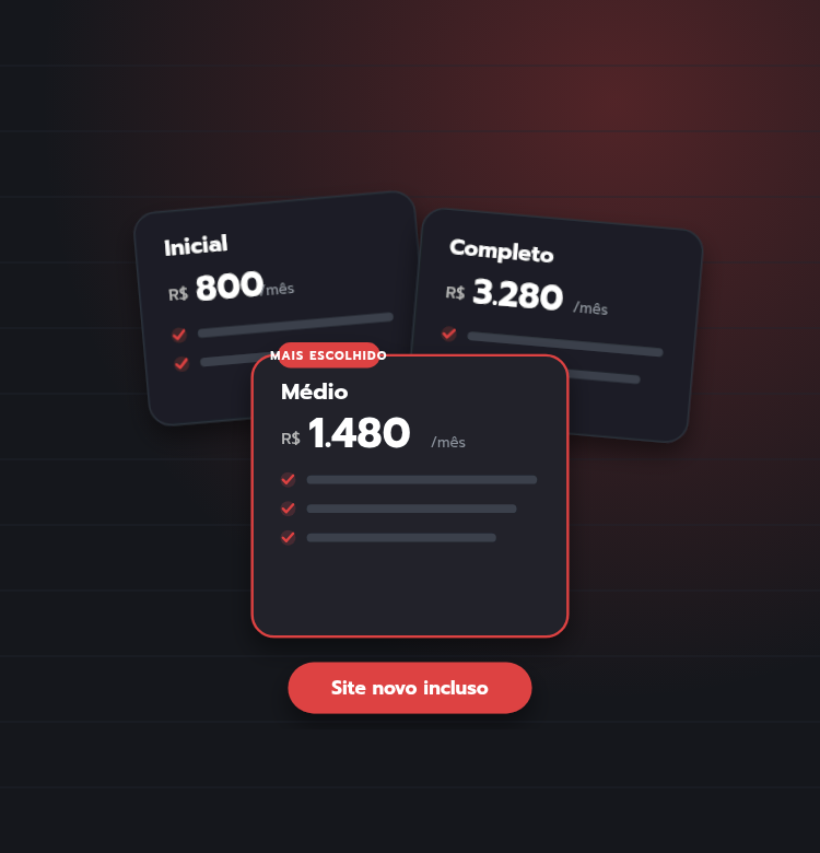 Três cartões de planos de SEO mensais, Inicial, Médio e Completo