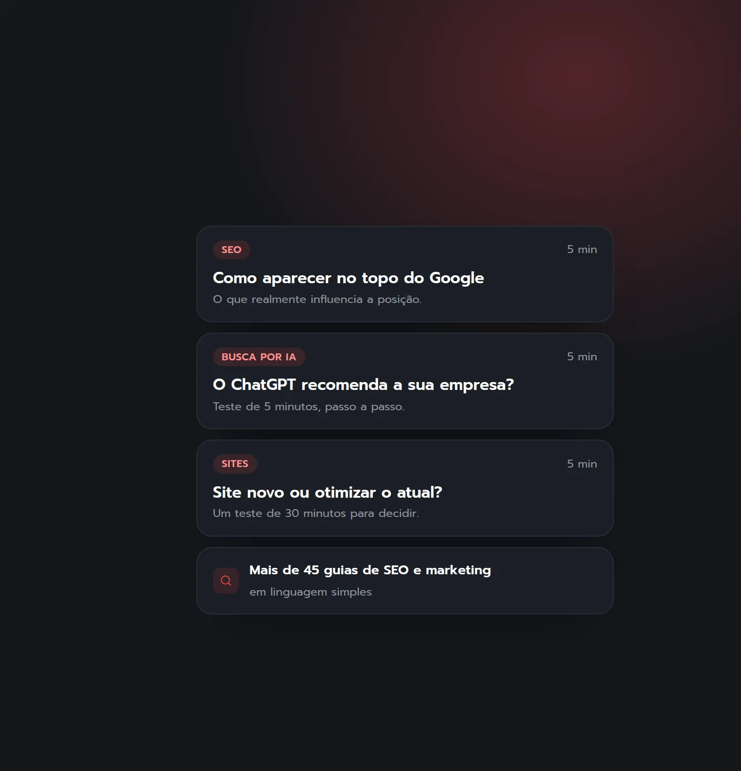 Artigos do blog sobre SEO, busca por IA e sites